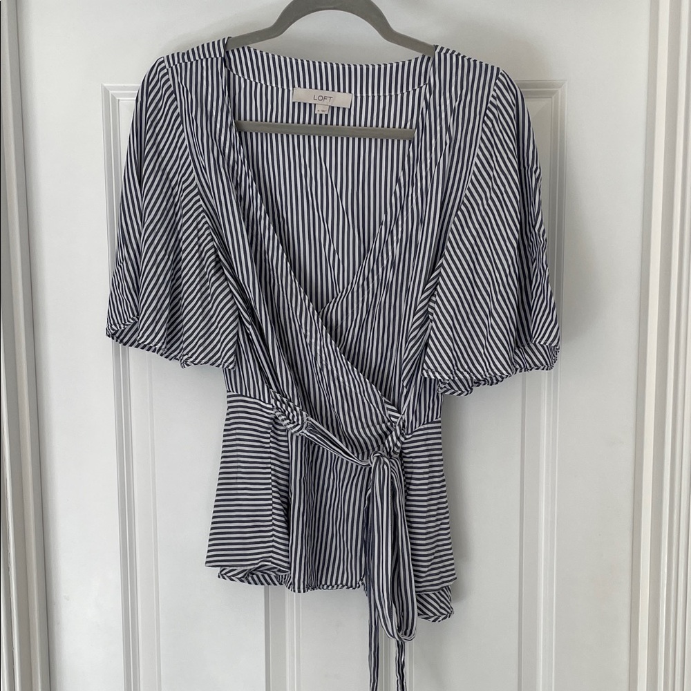 LOFT Navy and White Striped Blouse